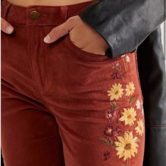 Free People Driftwood Falling Sunflower Farrah Embroidered Cord Flare Jeans - Picture 2 of 10